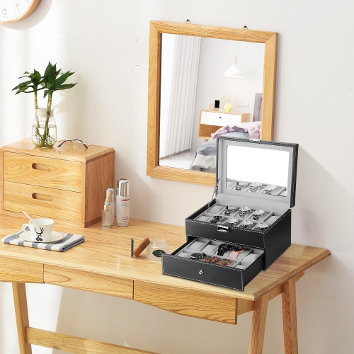 2 niveau 20 Girds coffret à bijoux Organisateur de montre verrouillable Boîte à bijoux rangement en cuir ,Gris-SortWise
