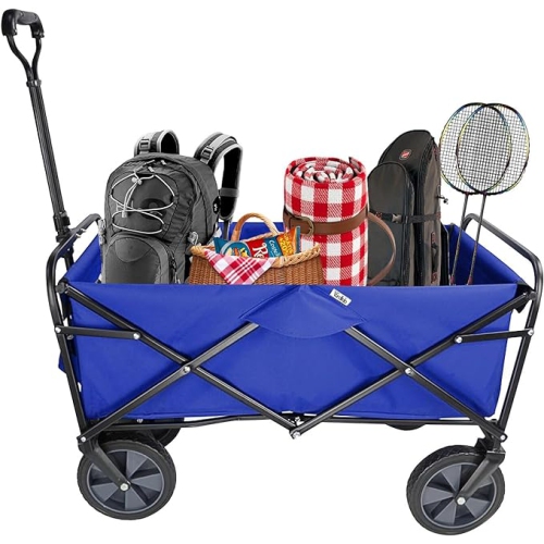Blue Collapsible Folding Wagon Beach Outdoor Trolley Cart, Garden Utility Shopping Cart Hold up to 165 lbs