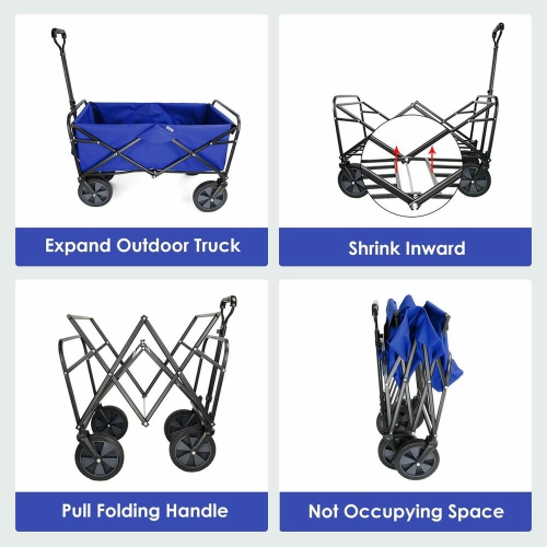 Outdoor Folding Wagons, Collapsible Camping Utility Wagon Carts Beach Garden Shopping Grocery Cart, Blue