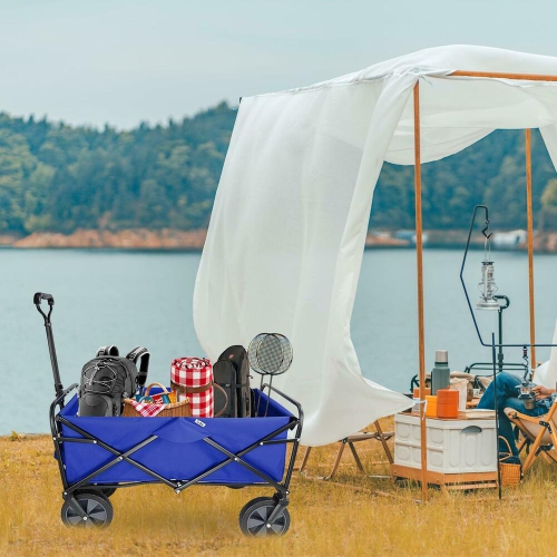 Outdoor Folding Wagons, Collapsible Camping Utility Wagon Carts Beach Garden Shopping Grocery Cart, Blue
