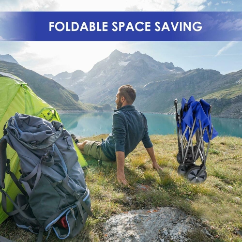 Outdoor Folding Wagons, Collapsible Camping Utility Wagon Carts Beach Garden Shopping Grocery Cart, Blue