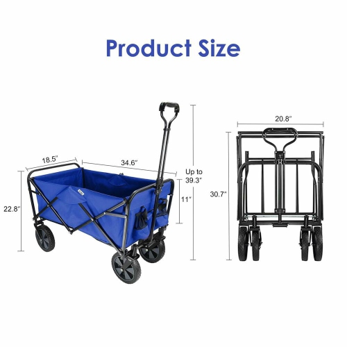 Outdoor Folding Wagons, Collapsible Camping Utility Wagon Carts Beach Garden Shopping Grocery Cart, Blue