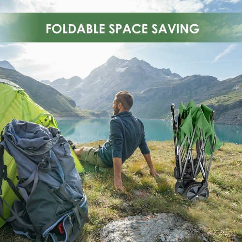 Outdoor Folding Wagons, Collapsible Camping Utility Wagon Carts Beach Garden Shopping Grocery Cart, Green