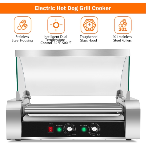 Costway Commercial Stainless Steel 18 Hot Dog 7 Roller Grill Cooker Machine w/ Cover
