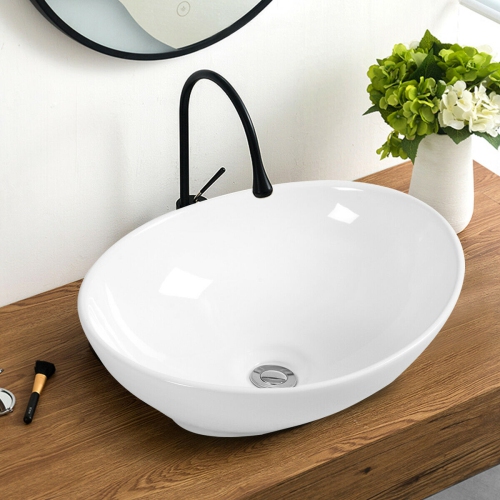 Costway Oval Bathroom Basin Ceramic Vessel Sink Bowl Vanity Porcelain w/ Pop Up Drain