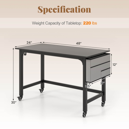 Costway Rolling Computer Desk Metal Frame PC Laptop Table Wood Top Study Workstation
