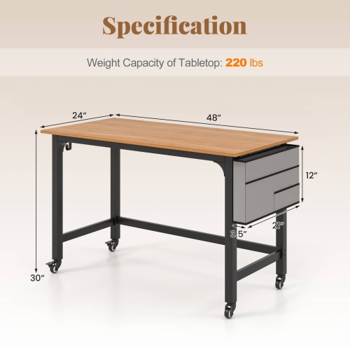 Costway Rolling Computer Desk Metal Frame PC Laptop Table Wood Top Study Workstation