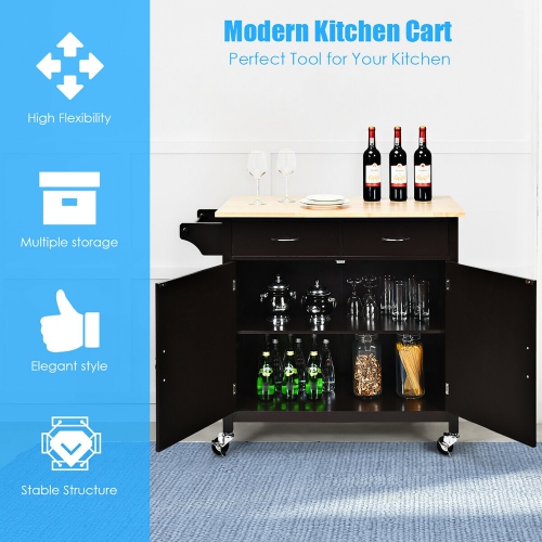 Costway Modern Rolling Kitchen Cart Island Wood Top Storage Trolley Cabinet Utility