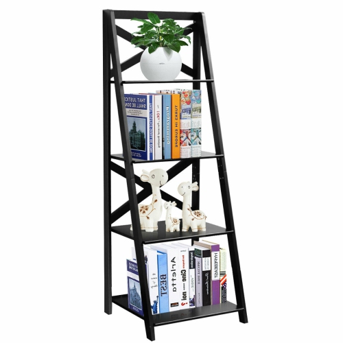 4 Tier Ladder Shelf Bookshelf Bookcase Storage Display Leaning