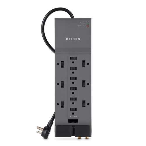 Belkin 12-Outlet Power Strip Surge Protector with 10-Foot Cord and Telephone, Ethernet, Coaxial Protection, BE112234-10