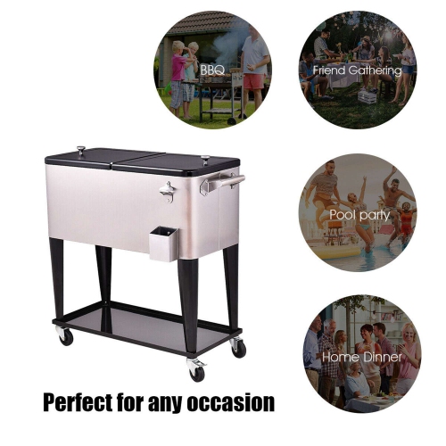 Costway Patio Cooler Rolling Ice Beverage Chest Stainless Steel Pool Outdoor 80 Quart
