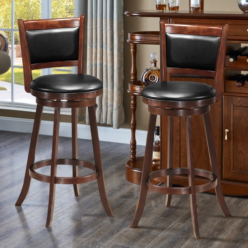 Costway Set of 2 29" Swivel Bar Height Stool Wood Dining Chair Upholstered Seat Espresso