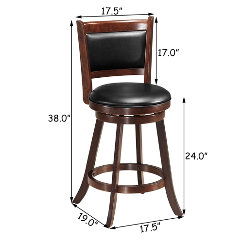 Costway Set of 2 24" Swivel Counter Stool Wooden Dining Chair Upholstered Seat Espresso
