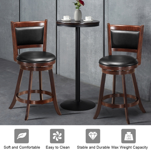 Costway Set of 2 24" Swivel Counter Stool Wooden Dining Chair Upholstered Seat Espresso