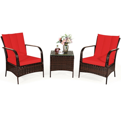 Costway 3 PCS Patio Rattan Furniture Set Coffee Table & 2 Rattan Chair W/Red Cushions