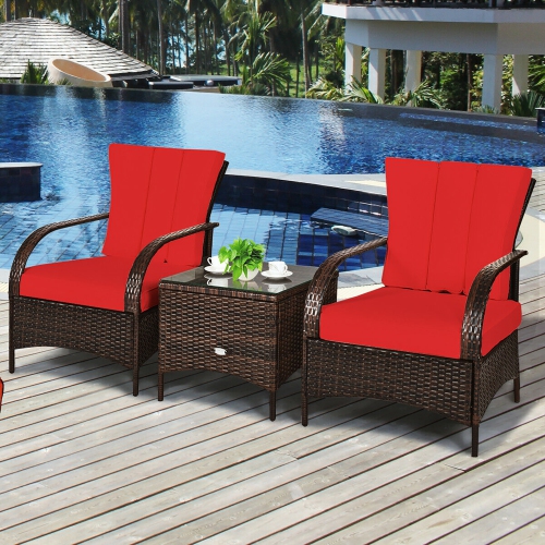 Costway 3 PCS Patio Rattan Furniture Set Coffee Table & 2 Rattan Chair W/Red Cushions