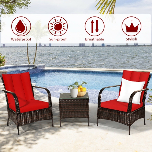 Costway 3 PCS Patio Rattan Furniture Set Coffee Table & 2 Rattan Chair W/Red Cushions