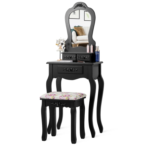 Costway Wood Makeup Dressing Table, Princess Vanity Set With Mirror And Bench