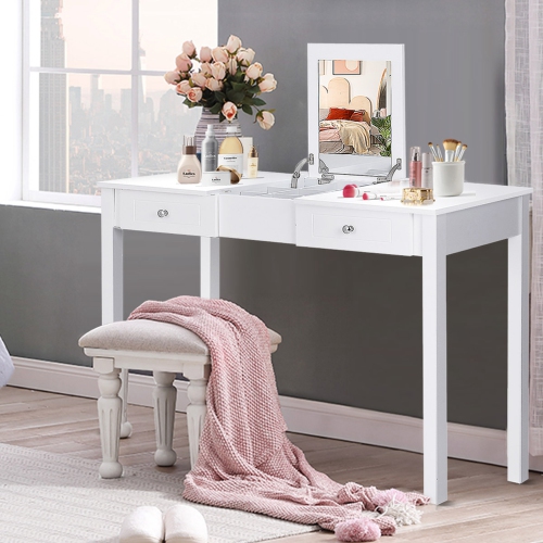 Costway Vanity Table Dressing Table Flip Top Desk Mirror 2 Drawers White