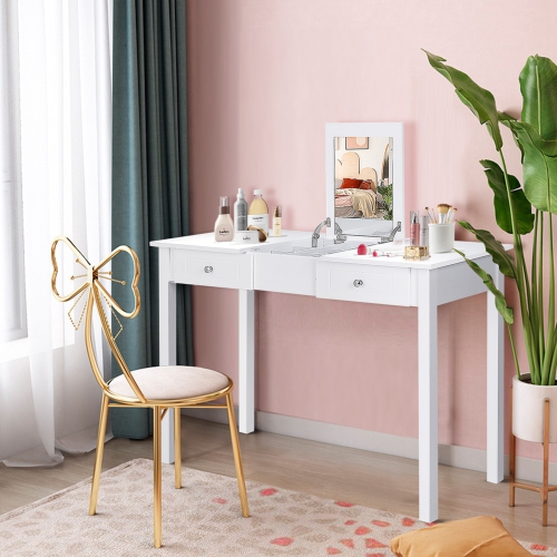 Costway Vanity Table Dressing Table Flip Top Desk Mirror 2 Drawers White