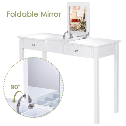 Costway Vanity Table Dressing Table Flip Top Desk Mirror 2 Drawers White