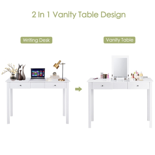 Costway Vanity Table Dressing Table Flip Top Desk Mirror 2 Drawers White