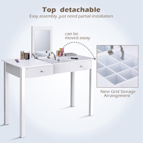 Costway Vanity Table Dressing Table Flip Top Desk Mirror 2 Drawers White