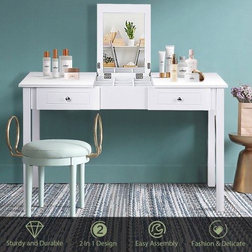 Costway Vanity Table Dressing Table Flip Top Desk Mirror 2 Drawers White