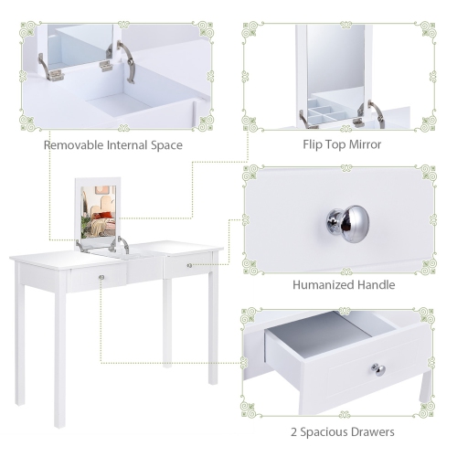 Costway Vanity Table Dressing Table Flip Top Desk Mirror 2 Drawers White