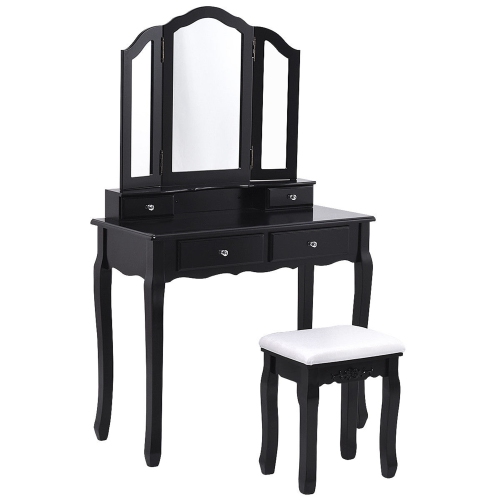 Costway Makeup Dressing Table Vanity Set Tri Folding Mirror w/ Stool Black