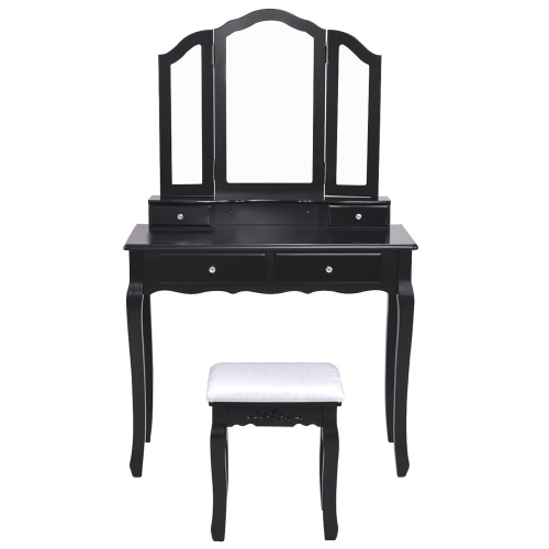 Costway Makeup Dressing Table Vanity Set Tri Folding Mirror w/ Stool Black