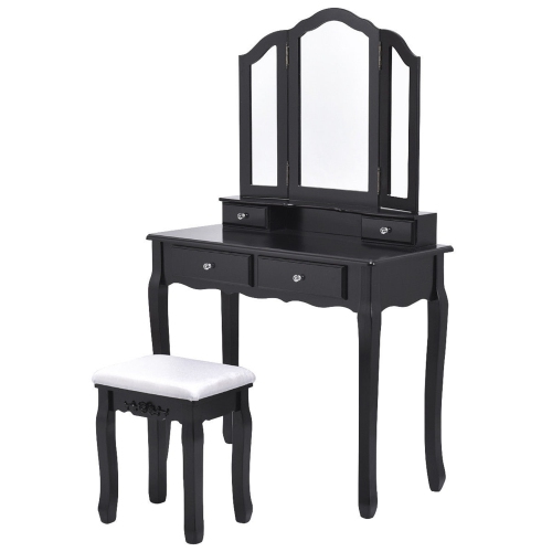 Costway Makeup Dressing Table Vanity Set Tri Folding Mirror w/ Stool Black