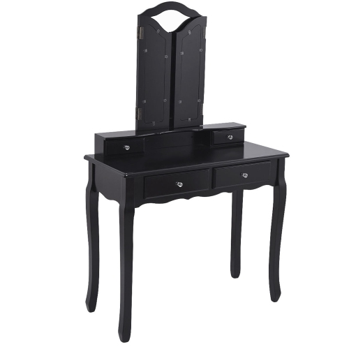 Costway Makeup Dressing Table Vanity Set Tri Folding Mirror w/ Stool Black