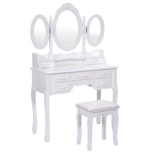 Tri Folding Oval Mirror Wood Makeup Dressing Table Vanity Set W/ Stool Drawers