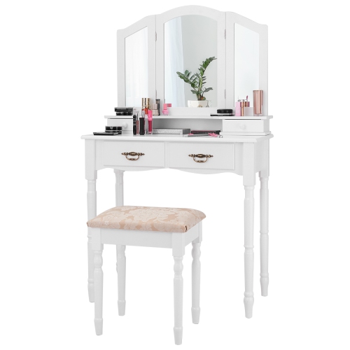 White Tri Folding Mirror Makeup Dressing Table Stool Vanity Set W 4 Drawers Best Buy Canada