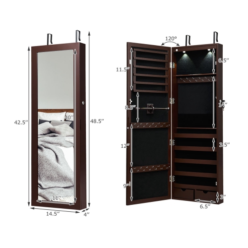 Costway Wall Mount Mirrored Jewelry Cabinet Organizer Armoire w/ LED Lights