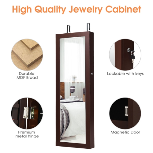 Costway Wall Mount Mirrored Jewelry Cabinet Organizer Armoire w/ LED Lights