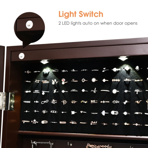Costway Wall Mount Mirrored Jewelry Cabinet Organizer Armoire w/ LED Lights