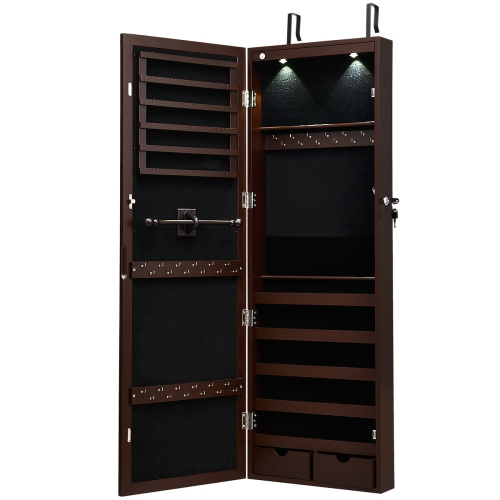Costway Wall Mount Mirrored Jewelry Cabinet Organizer Armoire w/ LED Lights