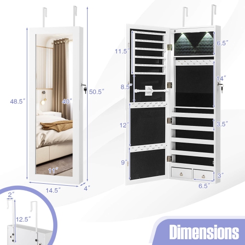 Costway Mirror Jewelry Cabinet with Full Length Clear Mirror & Internal LED Lights Hooks