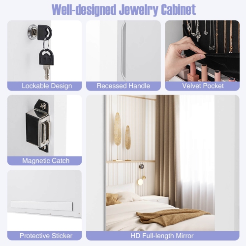 Costway Mirror Jewelry Cabinet with Full Length Clear Mirror & Internal LED Lights Hooks