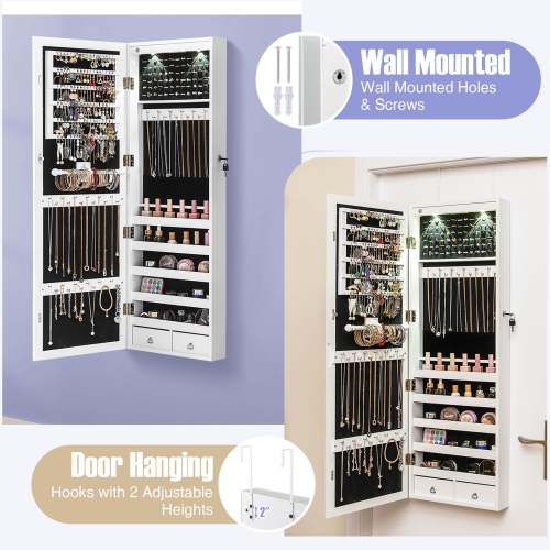 Costway Mirror Jewelry Cabinet with Full Length Clear Mirror & Internal LED Lights Hooks