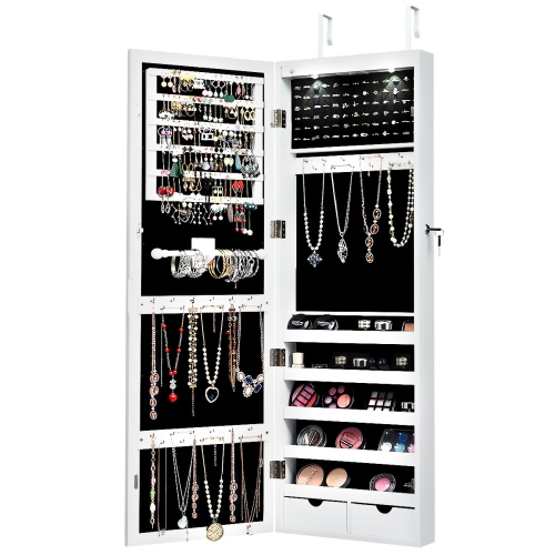 Costway Mirror Jewelry Cabinet with Full Length Clear Mirror & Internal LED Lights Hooks