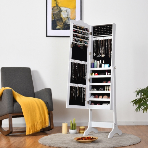 Costway Mirrored Lockable Jewelry Cabinet Armoire Organizer Storage Box w/ Stand White