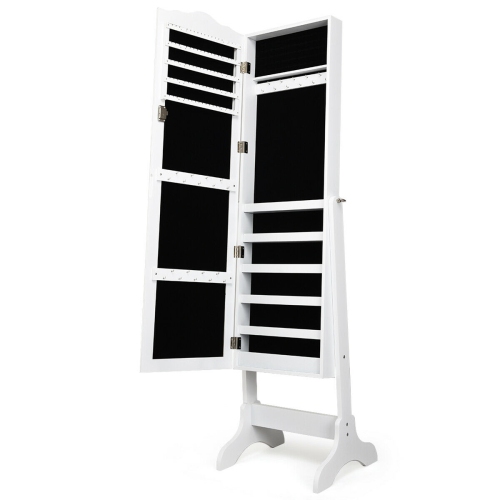 Costway Mirrored Lockable Jewelry Cabinet Armoire Organizer Storage Box w/ Stand White
