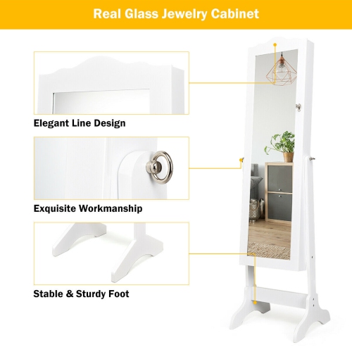 Costway Mirrored Lockable Jewelry Cabinet Armoire Organizer Storage Box w/ Stand White
