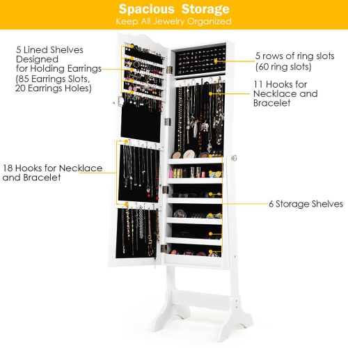 Costway Mirrored Lockable Jewelry Cabinet Armoire Organizer Storage Box w/ Stand White
