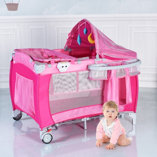 Foldable Baby Crib Playpen Travel Infant Bassinet Bed Mosquito Net Music