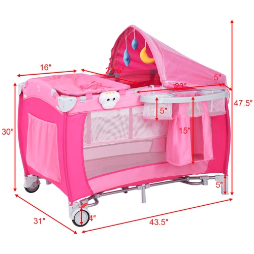 Foldable Baby Crib Playpen Travel Infant Bassinet Bed Mosquito Net Music