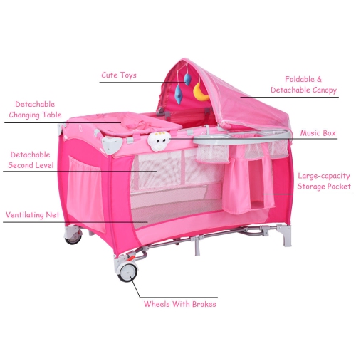 Foldable Baby Crib Playpen Travel Infant Bassinet Bed Mosquito Net Music